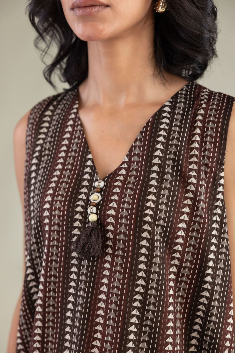 Printed | Cambric | Brown Sleeveless Kurta | USD 35.00