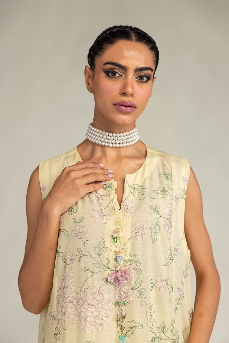 Embroidered | Raw Silk | Yellow Sleeveless Kurta | USD 55.00