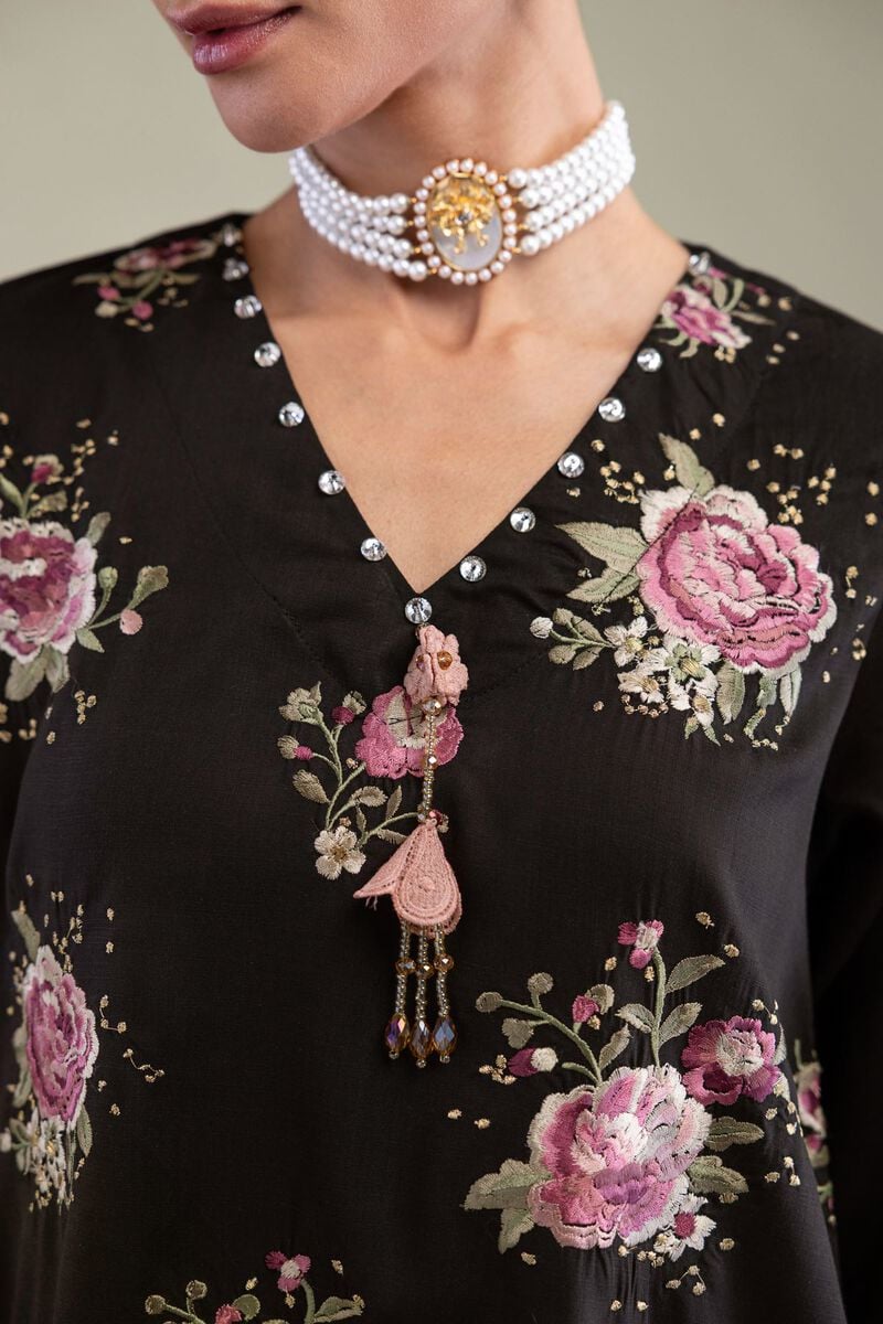 Embroidered | Raw Silk | Black Floral Kurta | USD 55.00