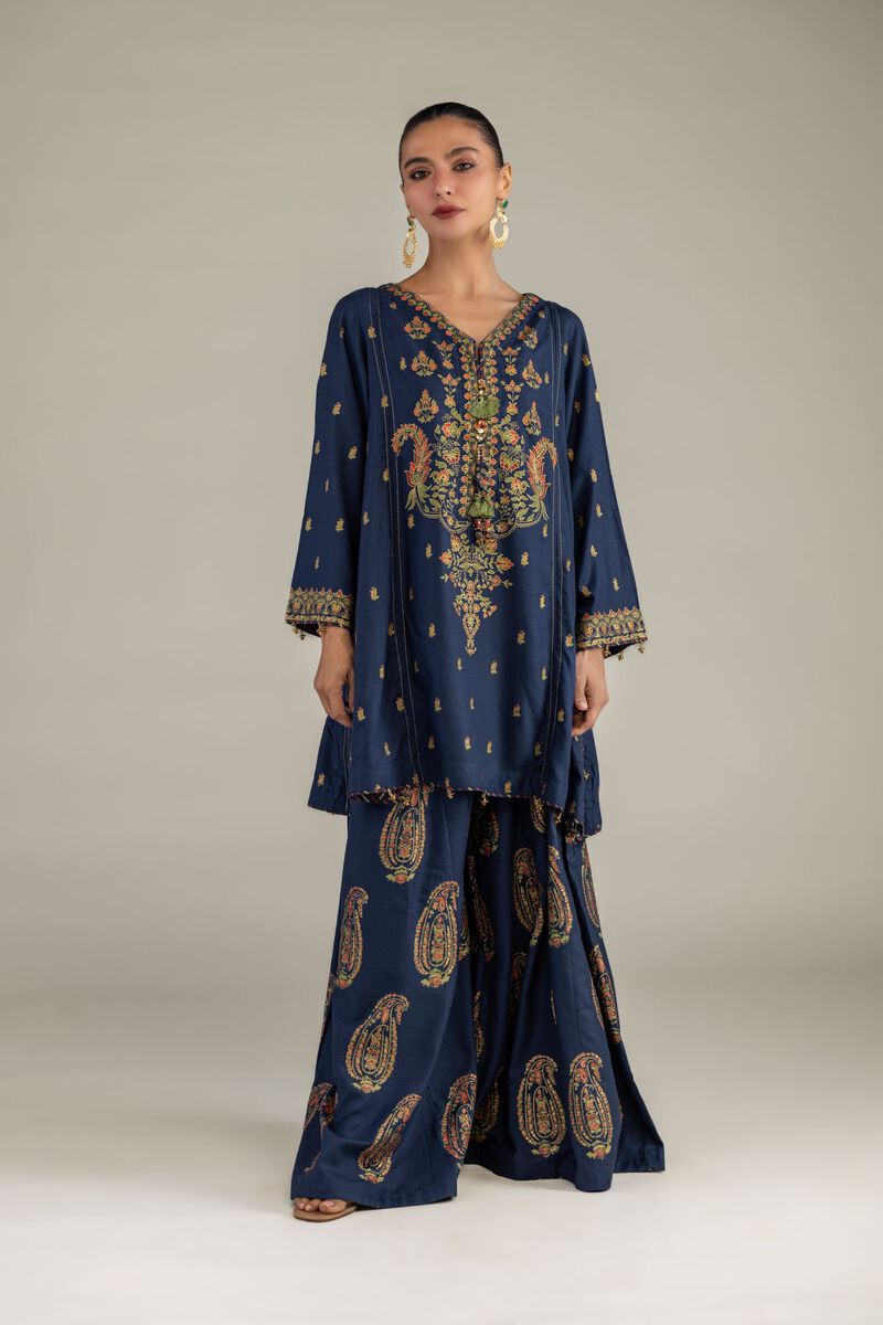 Printed | Raw Silk | Navy Silk Kurta | null
