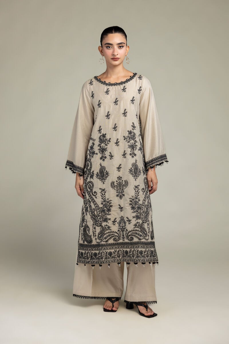 Raw Silk | Floral Beige Kurta | USD 70.00