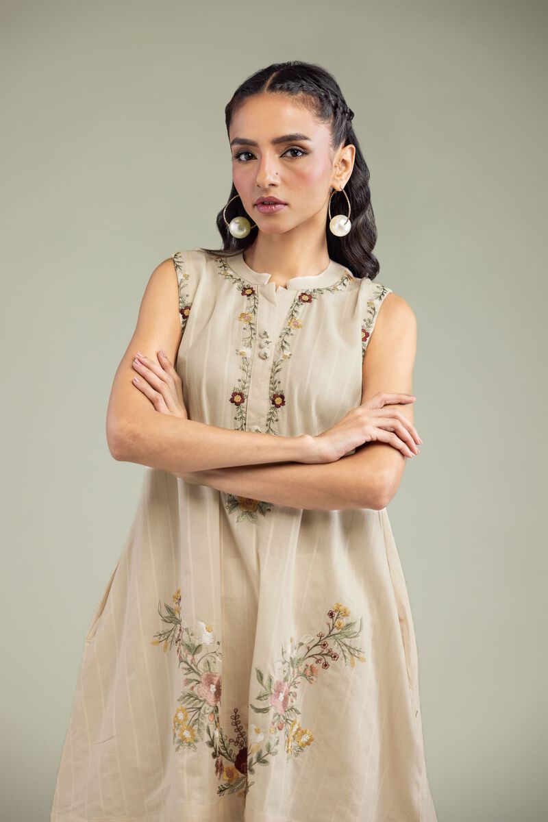 Embroidered | Textured Cotton | Beige Sleeveless Kurta | USD 45.00