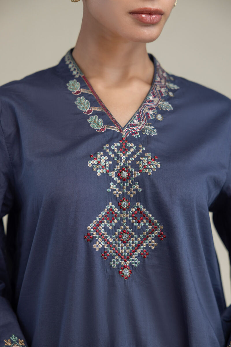 Embroidered | Cambric | V-Neck Navy Kurta | USD 40.00
