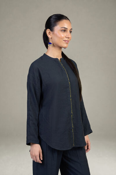 Dyed | Crepe | Navy Solid Blouse | USD 40.00
