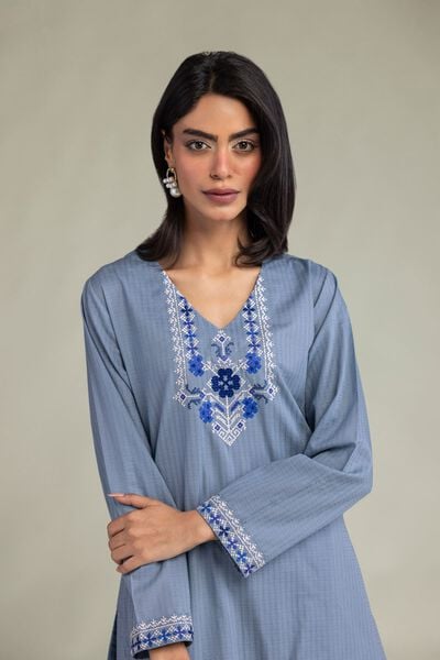 Embroidered | Cotton Dobby | Blue V-Neck Kurta | USD 35.00