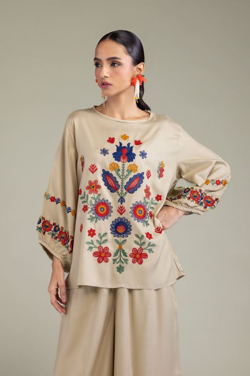Embroidered | Viscose Crepe | Floral Beige Blouse | null