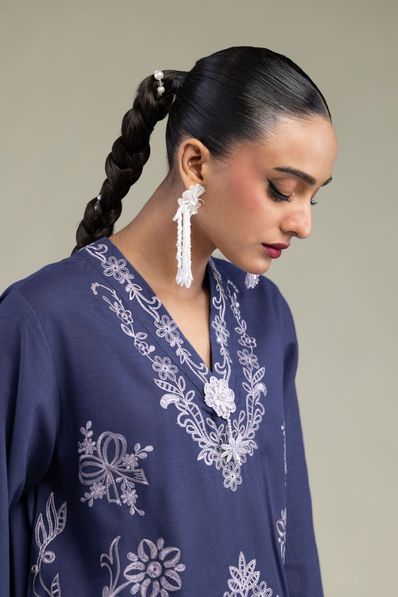Embroidered | Raw Silk | Floral V-Neck Kurta | USD 55.00