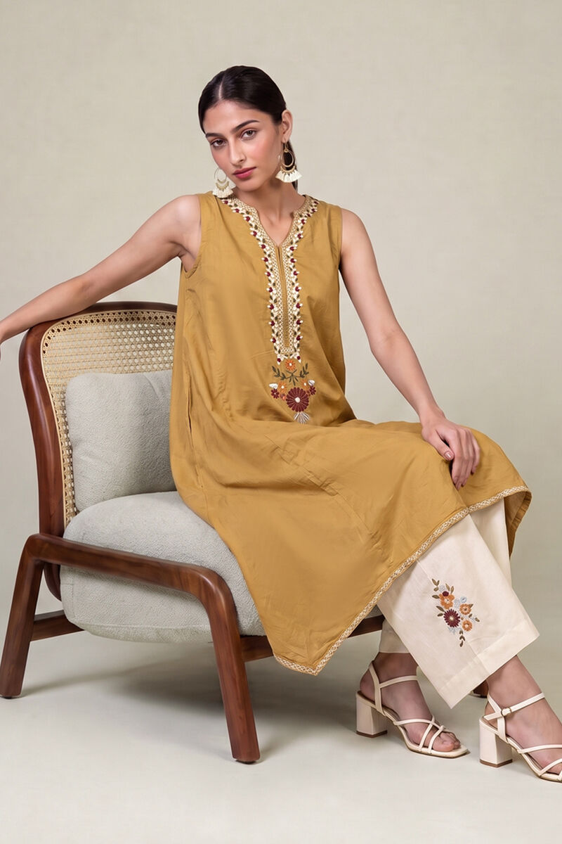 Embroidered | Cambric | Mustard Sleeveless Kurta | USD 40.00