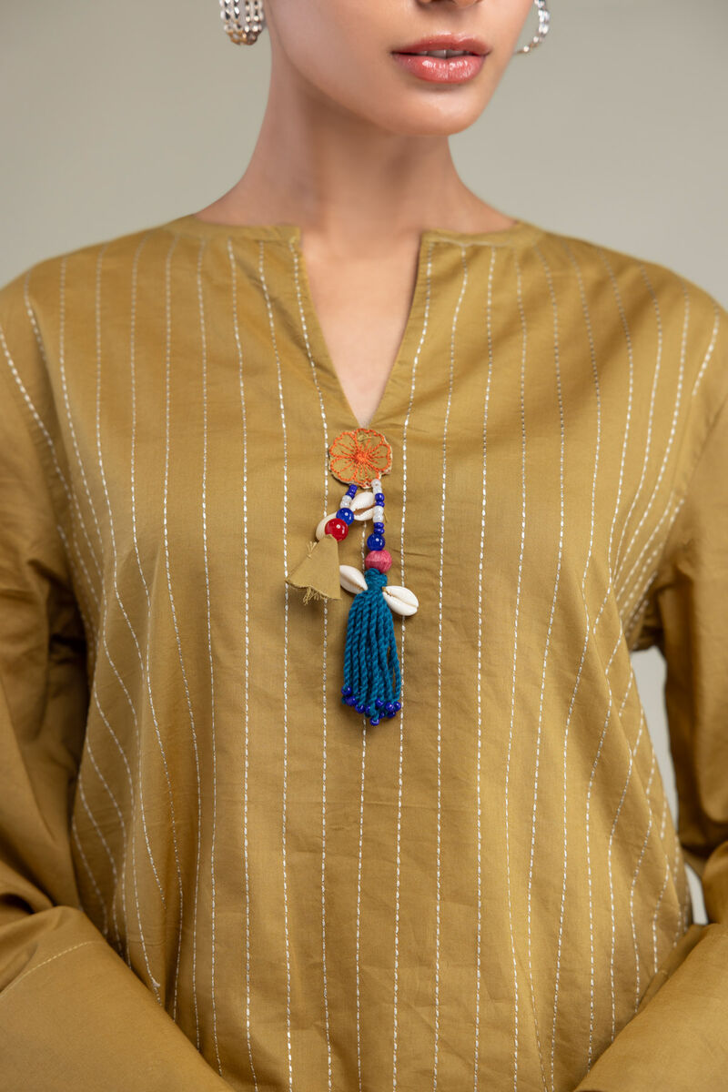 Embroidered | Cambric | Mustard V‑Neck Tunic | USD 40.00