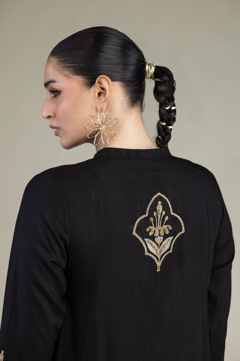 Embroidered | Raw Silk | Black Longline Kurta | USD 60.00