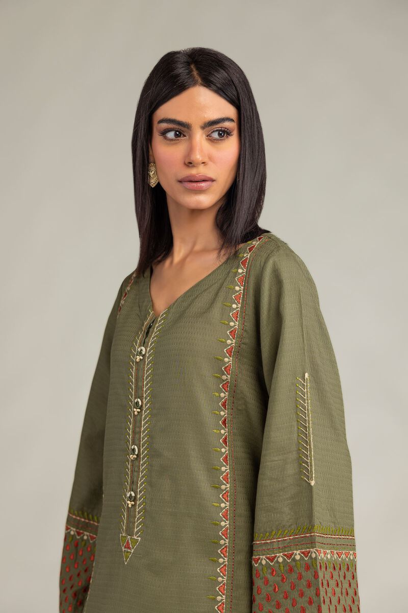 Embroidered | Cotton Dobby | Olive V-Neck Kurta | USD 40.00