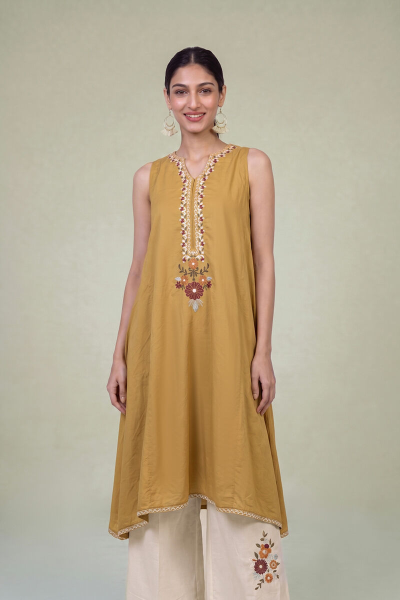 Embroidered | Cambric | Mustard Sleeveless Kurta | USD 40.00