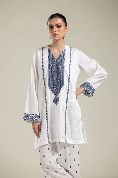 Embroidered | Textured Weave | White Embroidered Kurta | USD 40.00