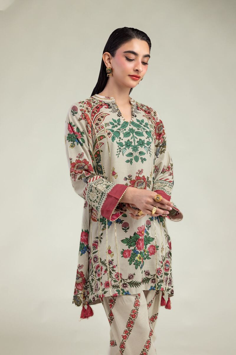 Embroidered | Raw Silk | Floral Beige Kurta  | USD 40.00