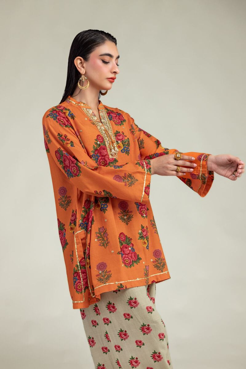 Embroidered | Raw Silk | Orange Floral Kurta | USD 40.00
