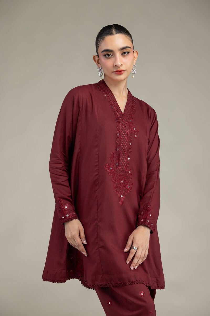 Embroidered | Raw Silk | Maroon V-Neck Kurta | USD 45.00