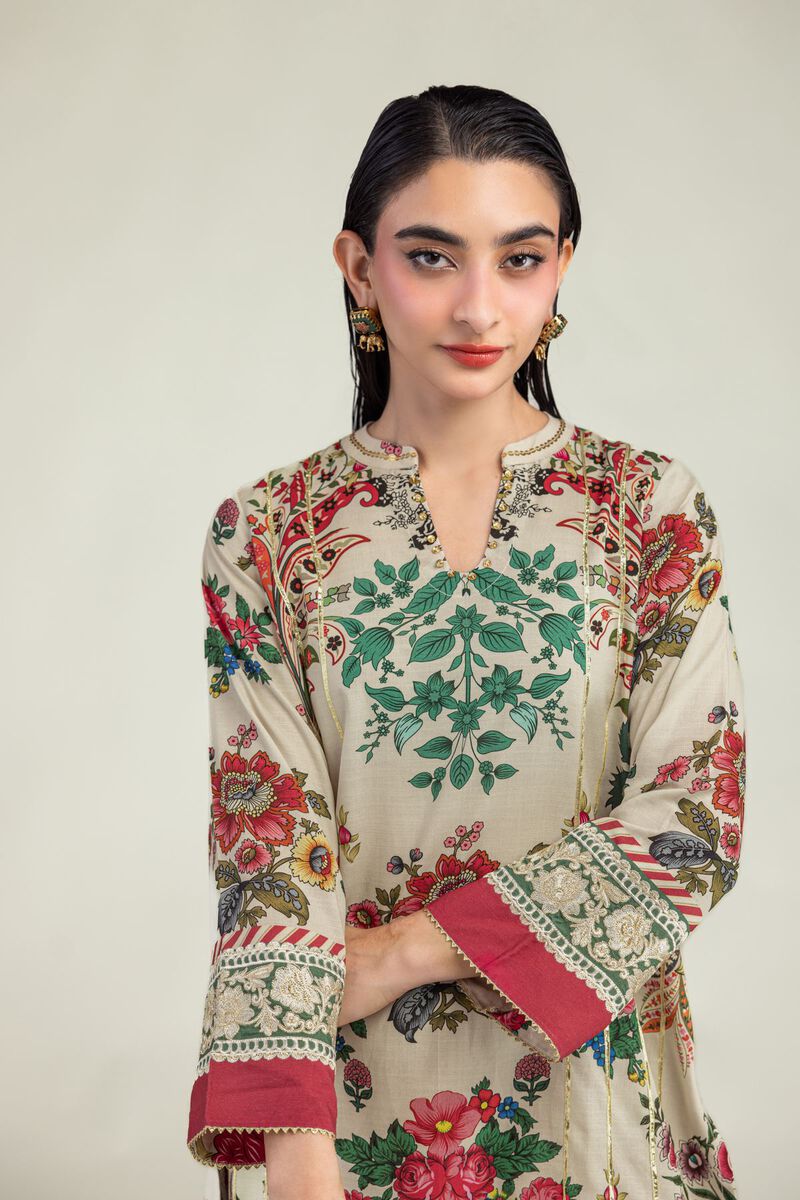 Embroidered | Raw Silk | Floral Beige Kurta  | USD 40.00