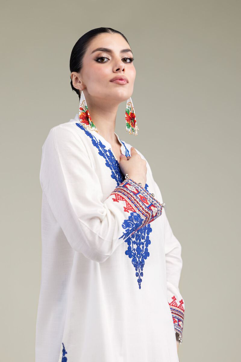 Embroidered | Raw Silk | White V-Neck Kurta | USD 13.50