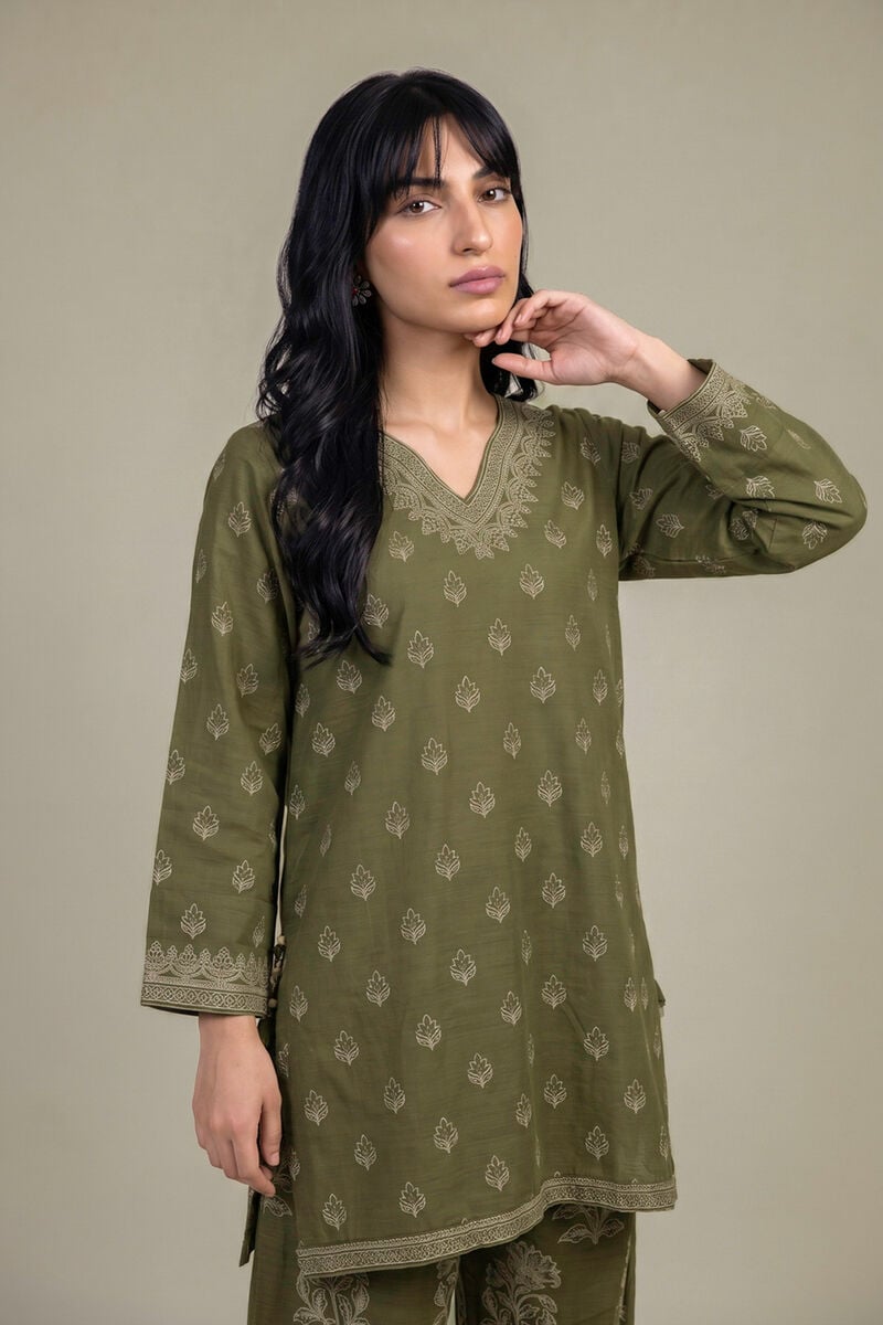 Printed | Light Khaddar | Printed Olive Kurta | USD 45.00