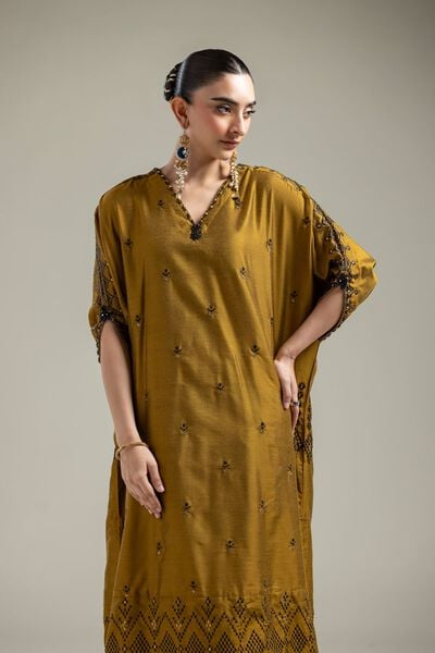 Raw Silk | Mustard Longline Kurta | USD 60.00