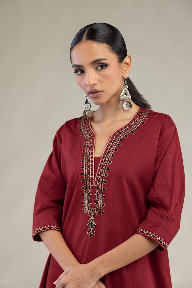 Textured Cotton | Embroidered | V-Neck Cotton Kurta | USD 35.00