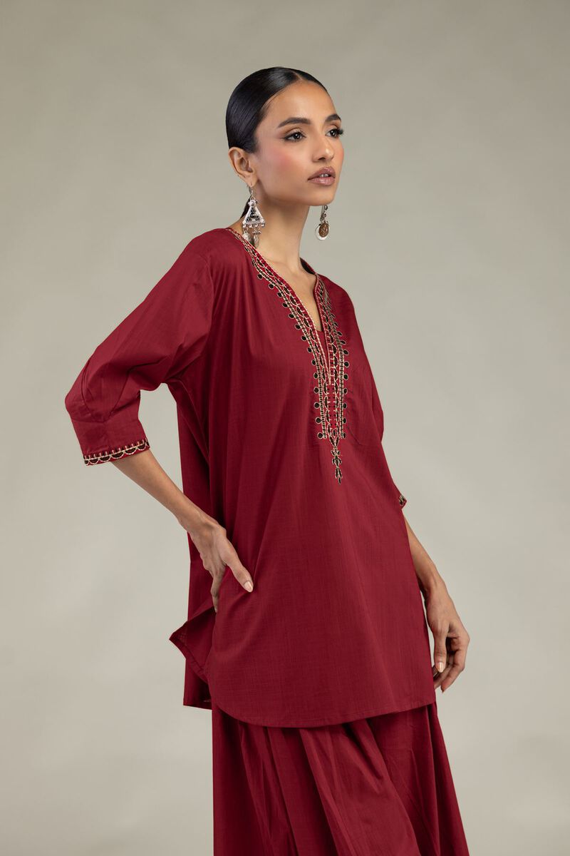 Textured Cotton | Embroidered | V-Neck Cotton Kurta | USD 35.00