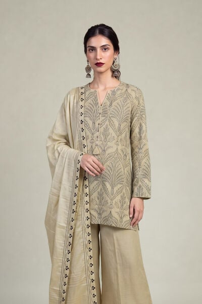 Embroidered | Raw Silk | Beige Silk Kurta | USD 55.00