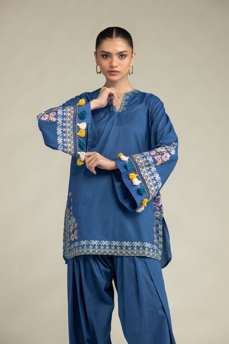 Embroidered | Cambric | Floral Blue Kurta | USD 55.00