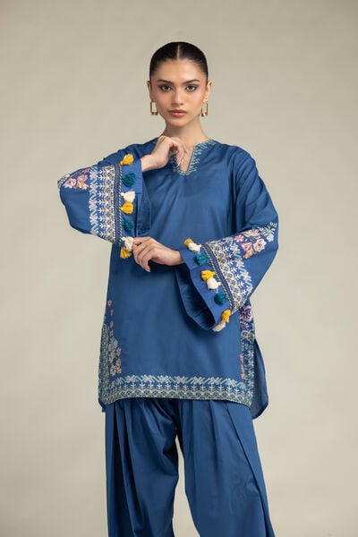 Embroidered | Cambric | Floral Blue Kurta | USD 55.00