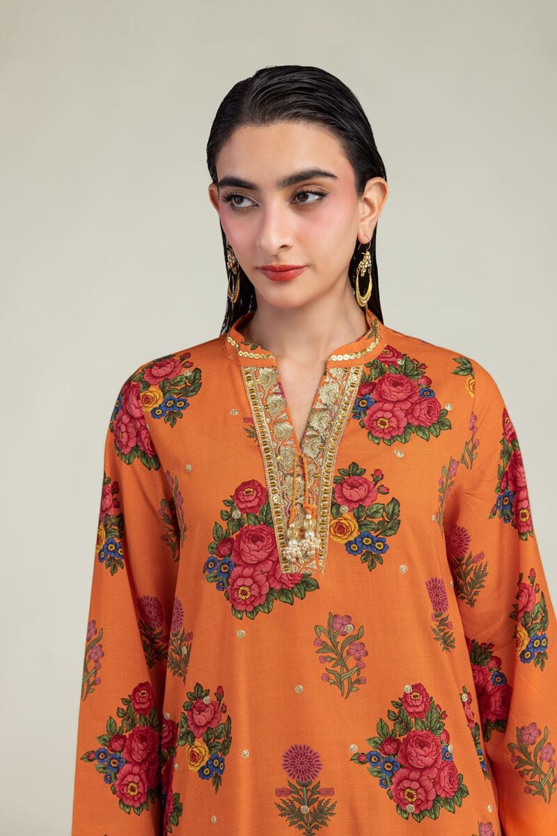 Embroidered | Raw Silk | Orange Floral Kurta | USD 40.00