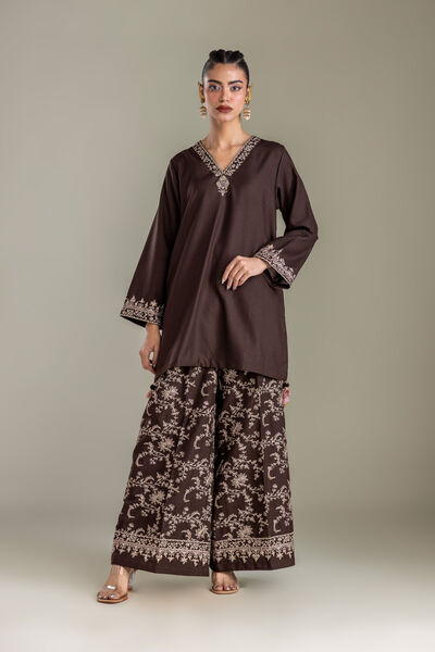 Embroidered | Heavy Blended Viscose | Brown Floral Pants | USD 55.00