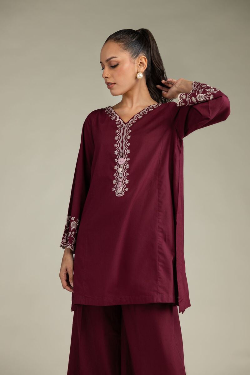 Embroidered | Cambric | Maroon Cambric Kurta | USD 40.00