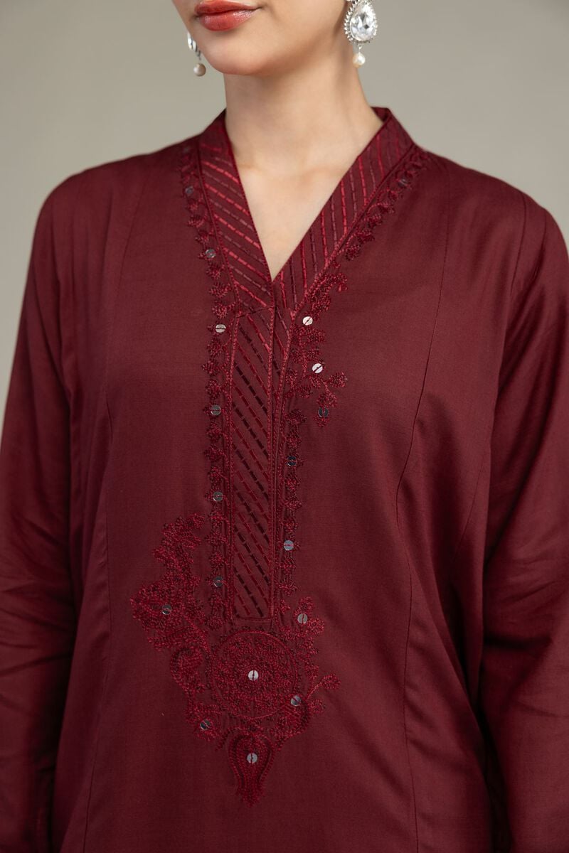 Embroidered | Raw Silk | Maroon V-Neck Kurta | USD 45.00