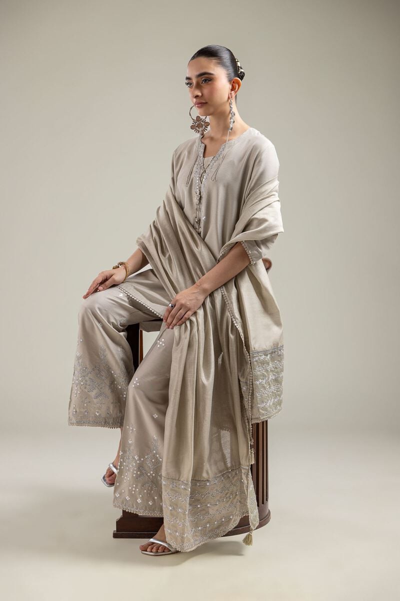 Cotton Net | Geometric Beige Dupatta | USD 40.00