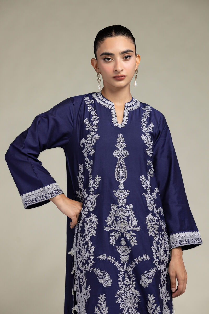 Raw Silk | Navy Floral Kurta | USD 75.00