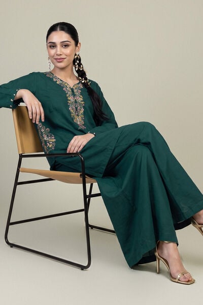 Embroidered | Raw Silk | Floral Green Kurta | USD 45.00