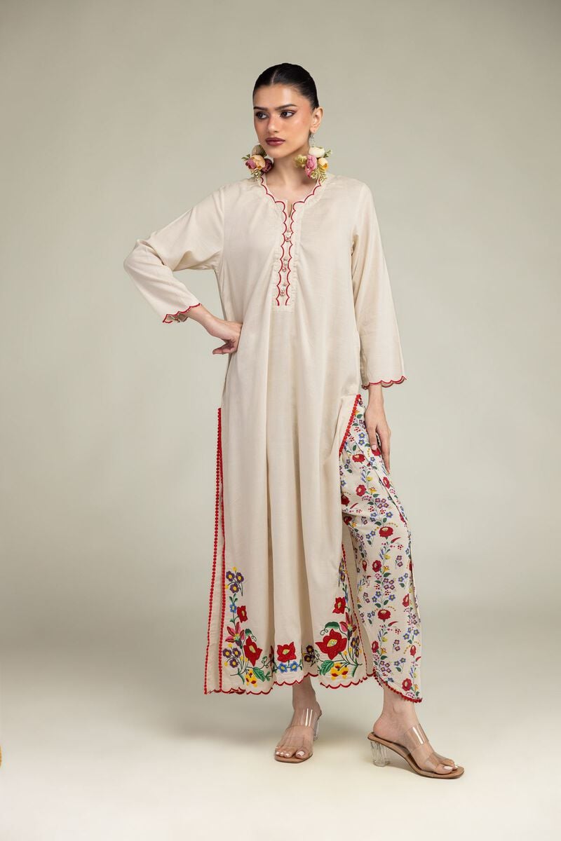 Embroidered | Raw Silk | Floral Scalloped Kurta | USD 45.00