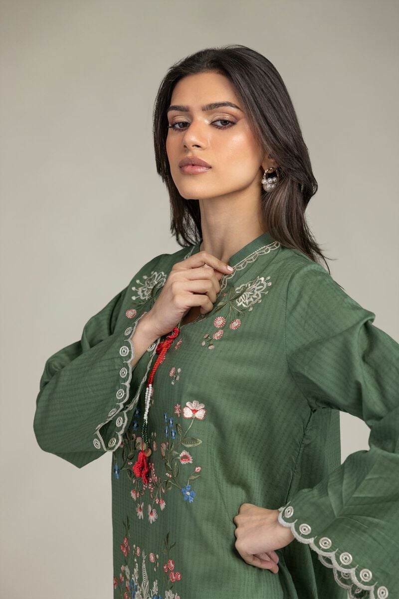 Embroidered | Cotton Dobby | Short Green Kurta | USD 35.00
