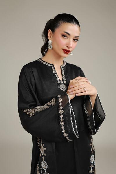 Embroidered | Raw Silk | Black Silk Kurta | USD 55.00