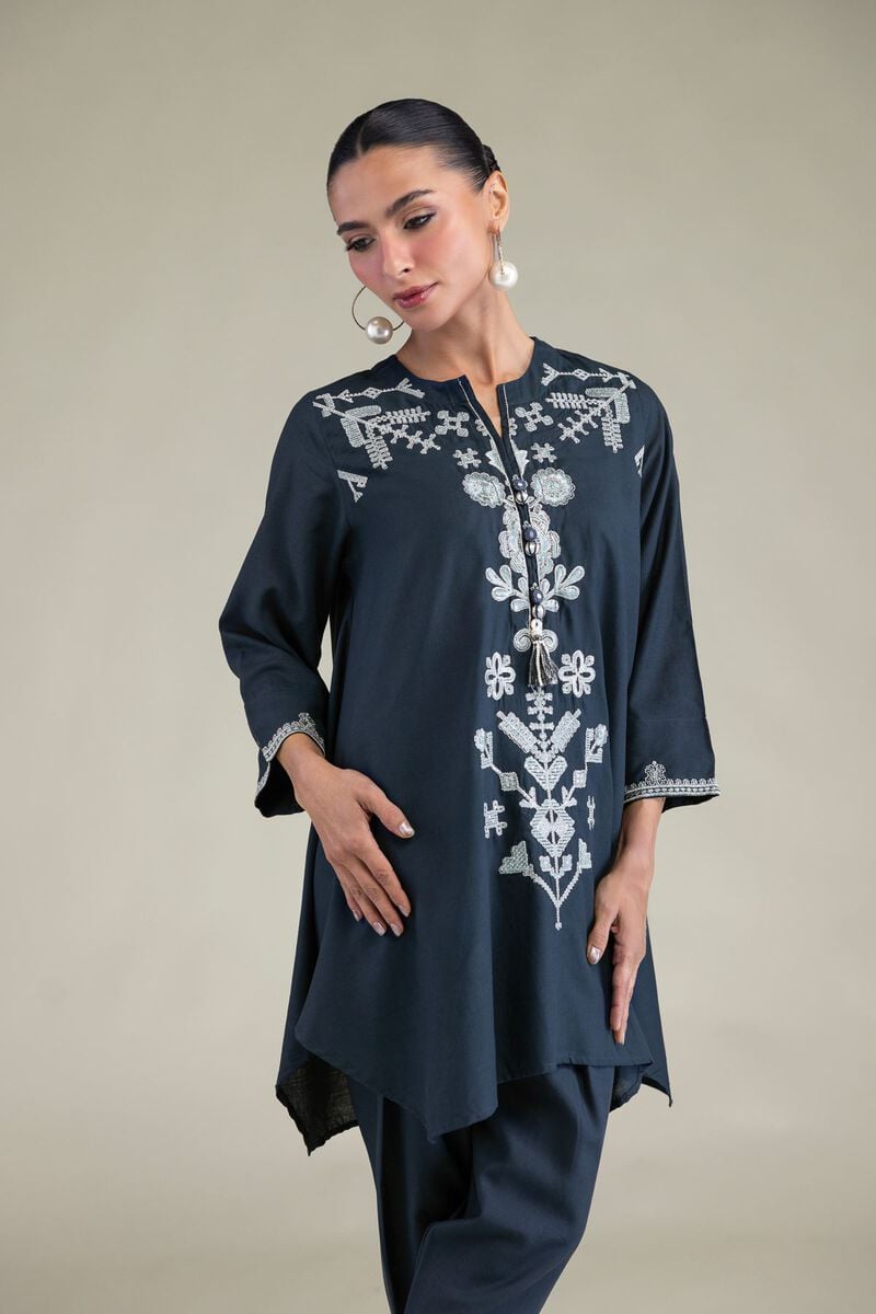 Embroidered | Raw Silk | Floral Navy Kurta | USD 40.00