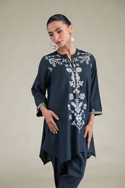 Embroidered | Raw Silk | Floral Navy Kurta | USD 40.00