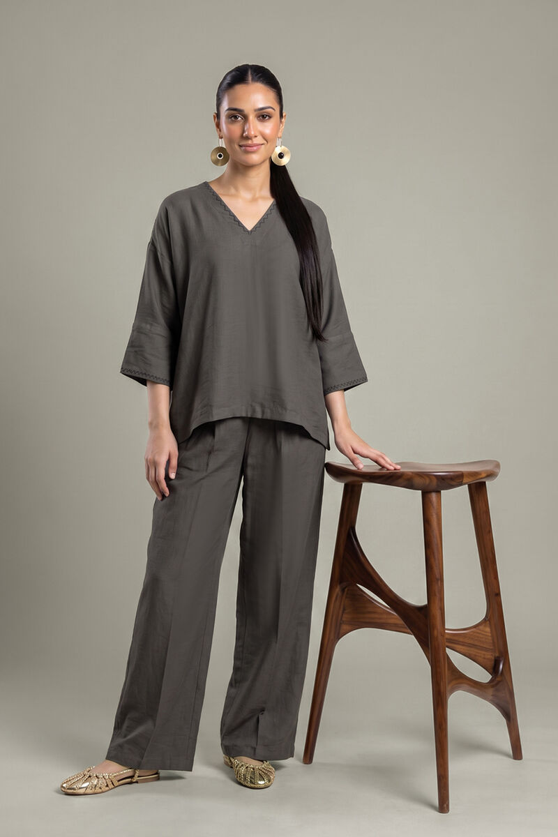 Dyed | Crepe | Gray Solid Trousers | USD 35.00