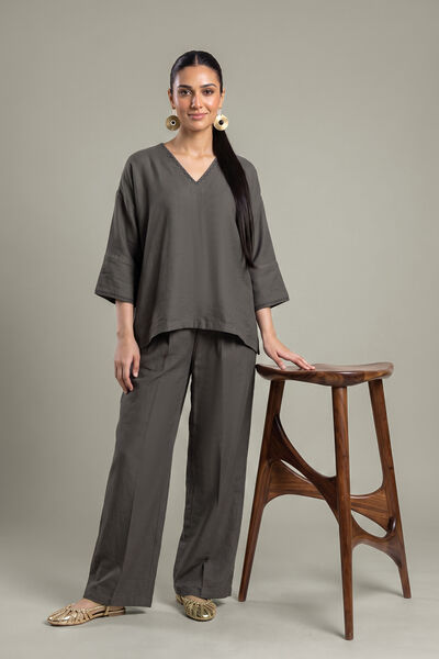Dyed | Crepe | Gray Solid Trousers | USD 35.00