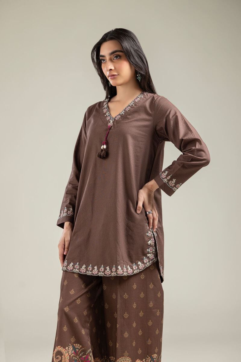 Embroidered | Mesuri | Brown V-Neck Kurta | USD 35.00