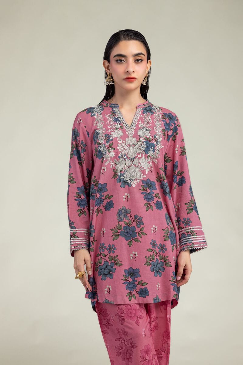 Embroidered | Raw Silk | Floral V-Neck Kurta | USD 40.00