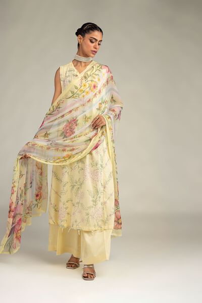 Embroidered | Raw Silk | Yellow Sleeveless Kurta | USD 55.00