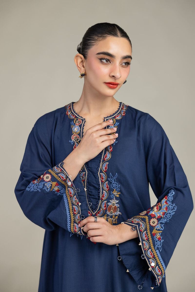 Embroidered | Raw Silk | Floral Navy Kurta | USD 65.00