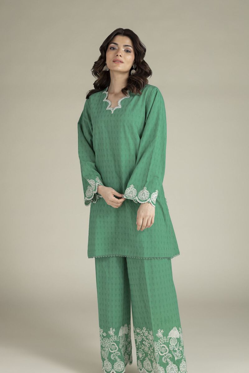 Embroidered | Cotton Dobby | Green Tailored Set | USD 65.00