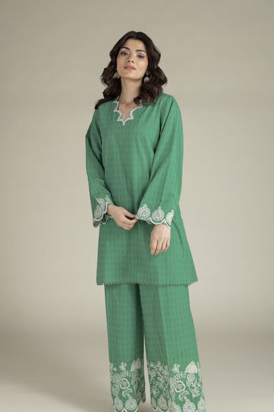 Embroidered | Cotton Dobby | Green Tailored Set | USD 65.00