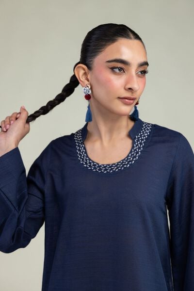 Dyed | Textured Cotton | Navy Round-Neck Kurta | USD 35.00